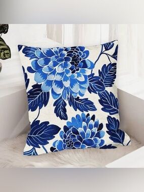 NEW Blue & White Chrysanthemum Floral Pillow Cover (1) - 18”x18” - Cover Only